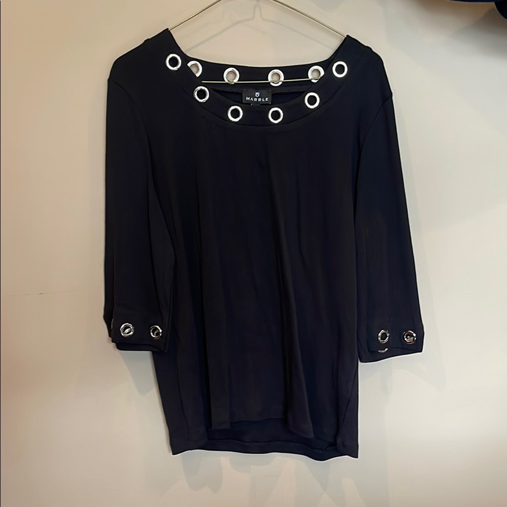 MARBLE Black Embellished Boxy Blouse with Cuffed Sleeves
